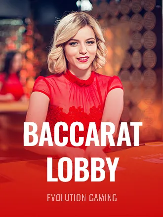 Evolution baccarat lobby tile with a live dealer in red
